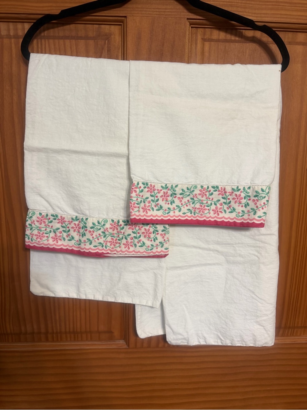 (2) Vintage White Linen Pillowcases with Pink & Green Floral Trim